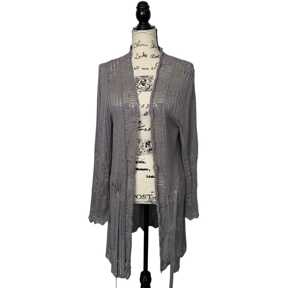 Coldwater Creek Gray Linen Blend Open Knit Longline Cardigan, Medium